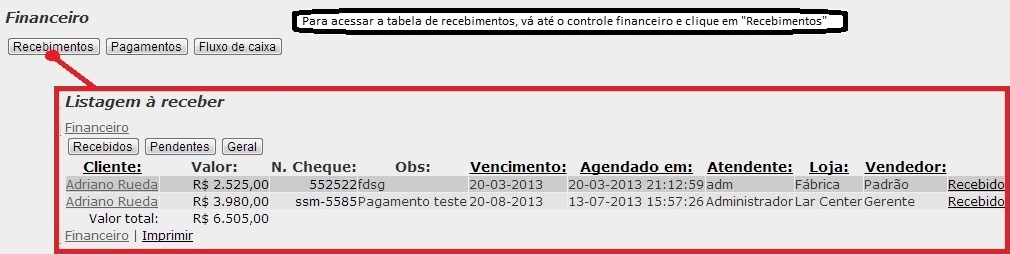 Tela de recebimentos